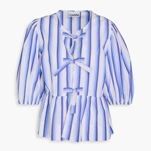 Ganni Blue Puff Sleeve Peplum Blouse